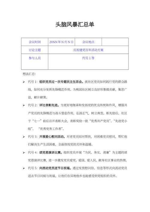 庆祝建党百年头脑风暴汇总单word模板