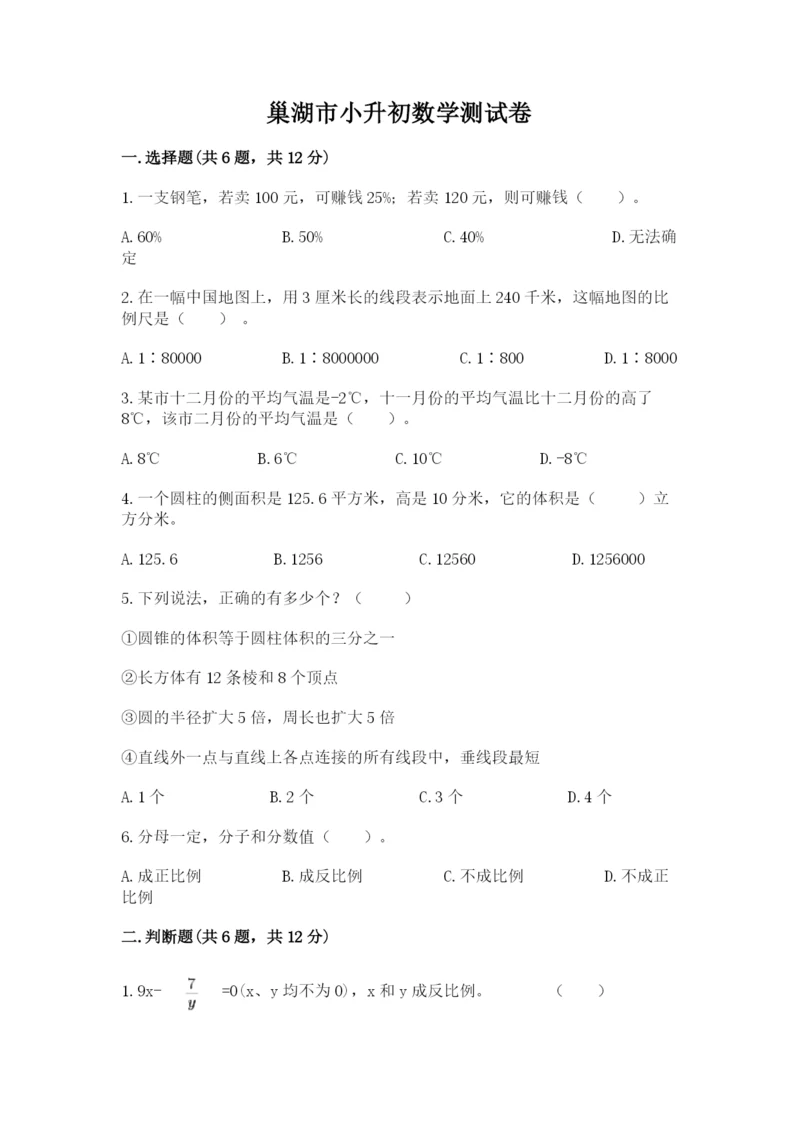 巢湖市小升初数学测试卷一套.docx