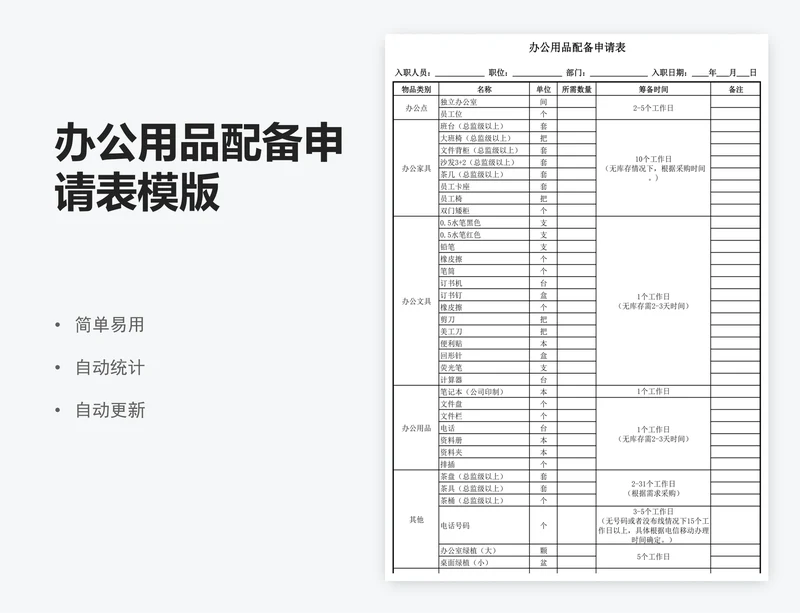 办公用品配备申请表模版