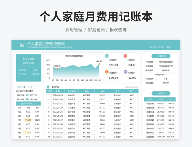 个人家庭月费用记账本