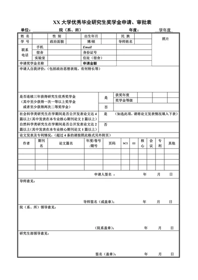 优秀毕业研究生奖学金申请审批表