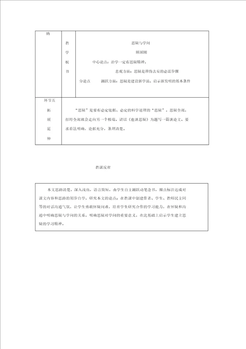 部编版2019秋九年级语文上册第五单元18怀疑与学问教案有反思