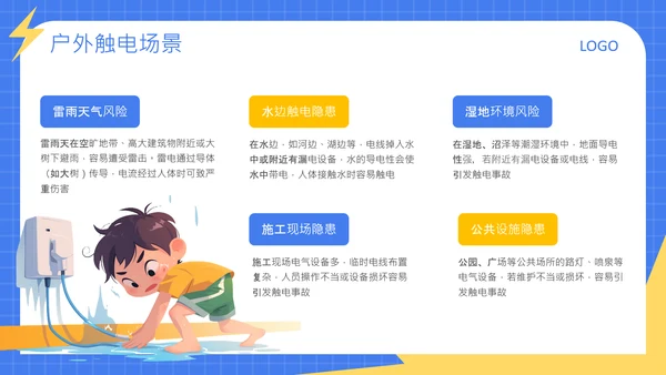 蓝色卡通风格常见触电场景与救援方法安全教育PPT