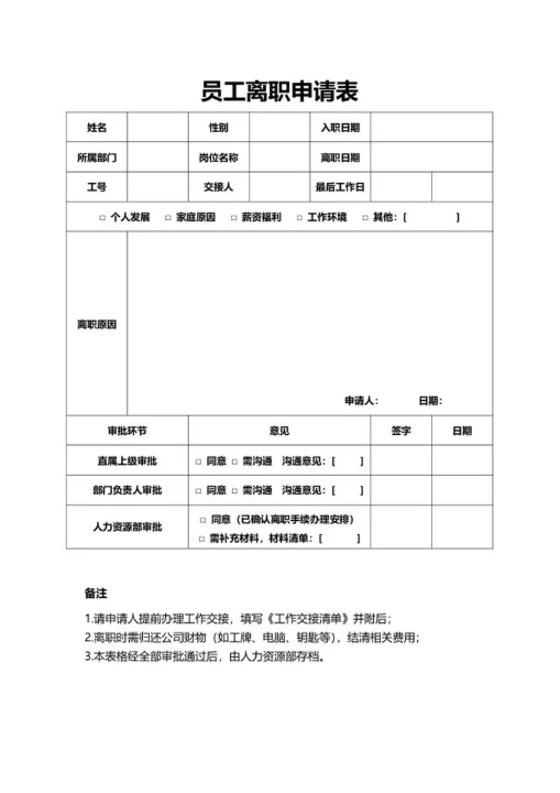 员工离职申请表word模板