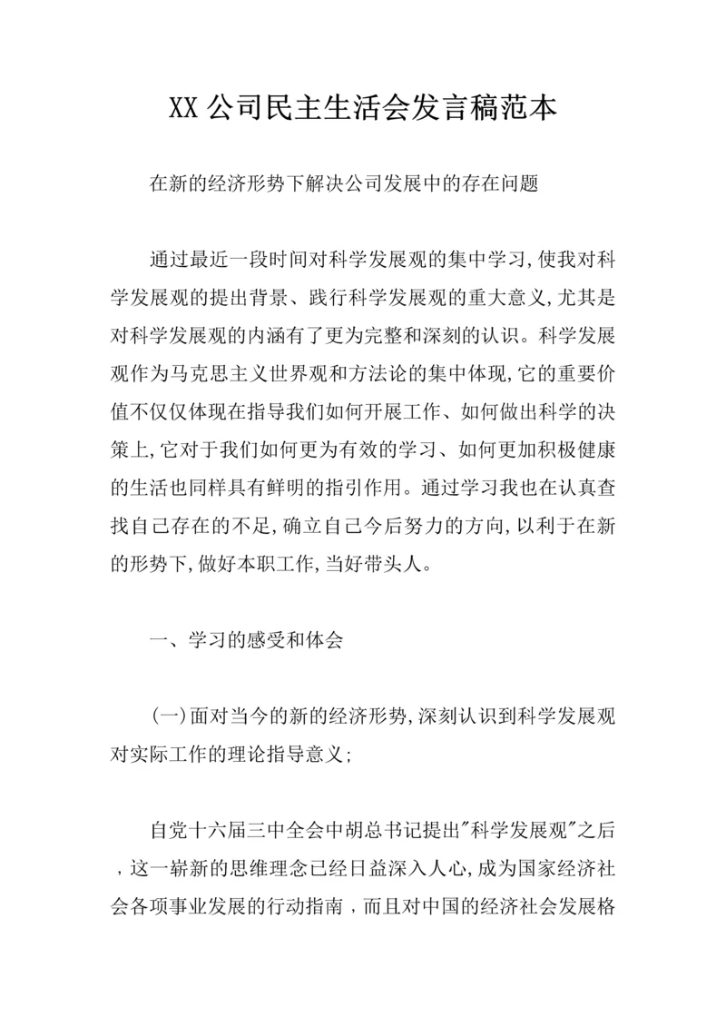 XX公司民主生活会发言稿范本.docx