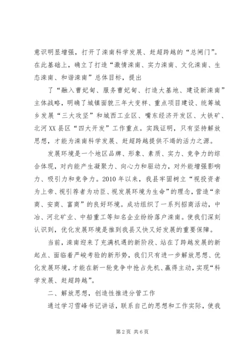 学习市委书记王雪峰在全市解放思想优化发展环境动员会议上的讲话心得体会.docx