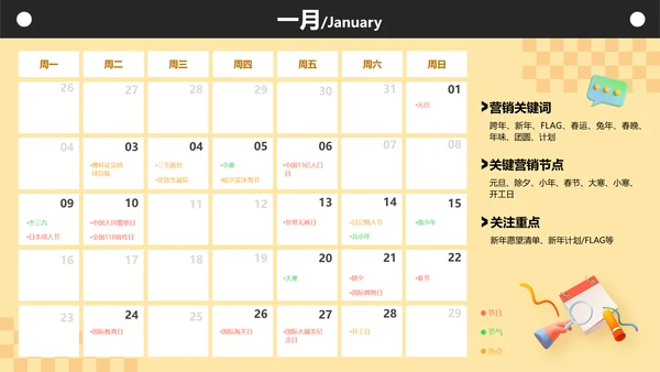 3D风黄色全年营销热点日历PPT