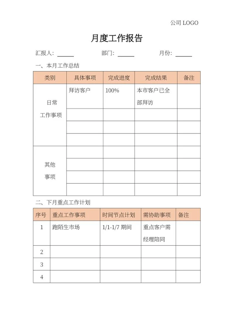 橘色部门月度工作报告word模板