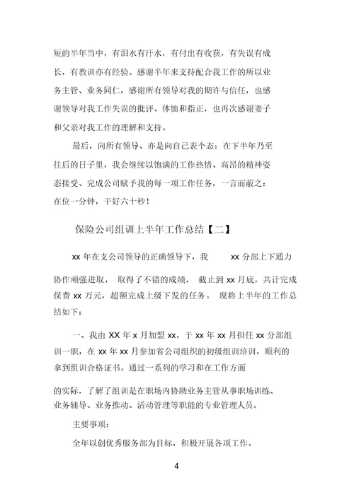 保险公司组训上半年工作总结范文
