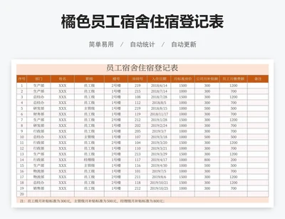 橘色员工宿舍住宿登记表
