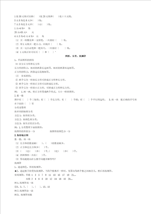 小学一年级数学下册知识点归纳预习a4打印版