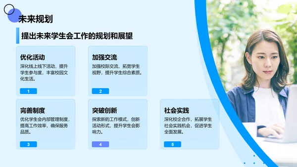蓝色扁平风学生会主席述职报告PPT模板