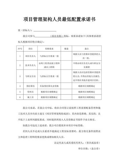项目管理架构人员最低配置承诺书
