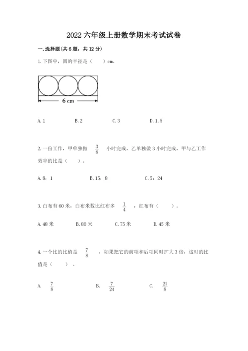 2022六年级上册数学期末考试试卷（全国通用）word版.docx