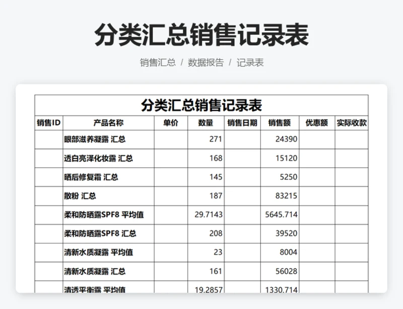 分类汇总销售记录表