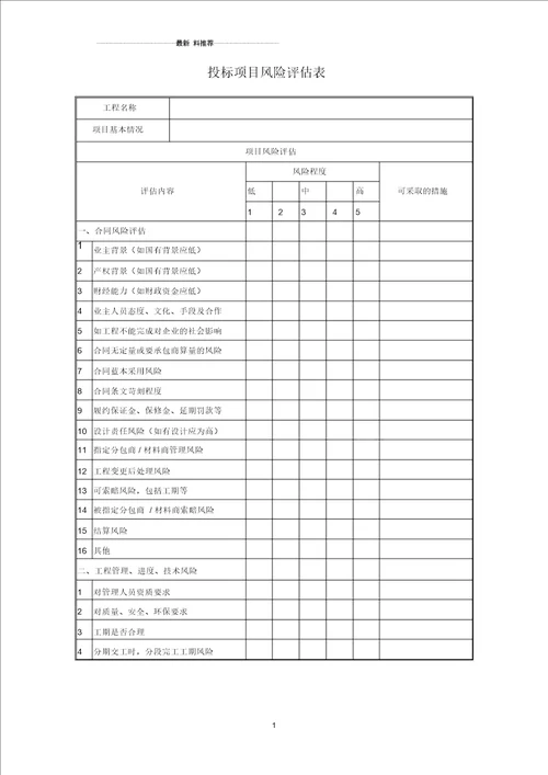 投标项目风险评估表