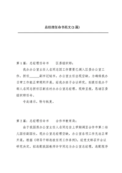 总经理任命书范文(3篇)