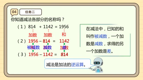 人教版四下1.1《加、减法的意义和各部分之间的关系》（课件）