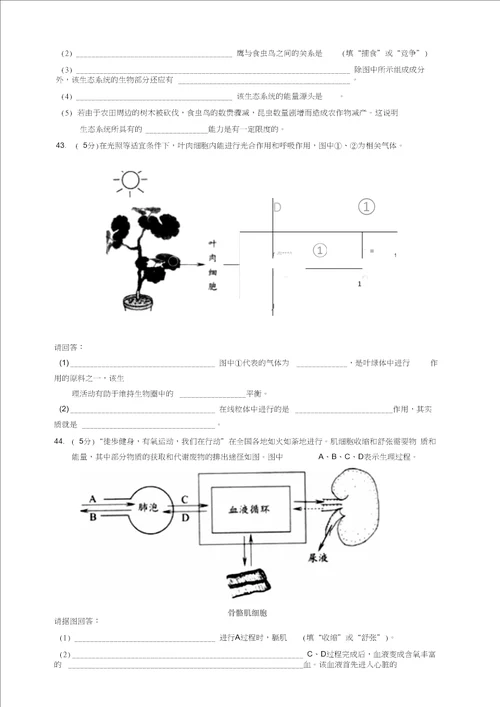 昆明市2016年初中学业水平考试生物试卷及答案WOrd版汇总