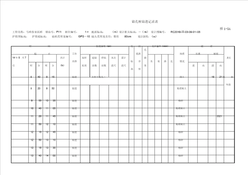 钻孔桩钻进记录表样表