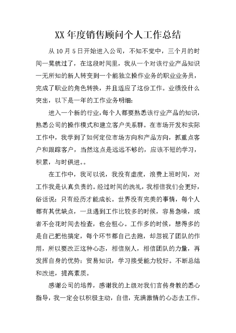 XX年度销售顾问个人工作总结