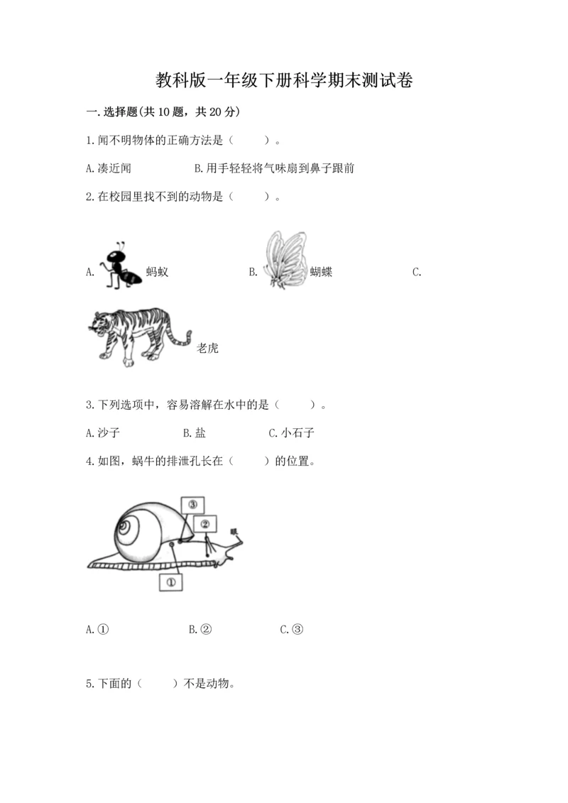 教科版一年级下册科学期末测试卷加答案解析.docx