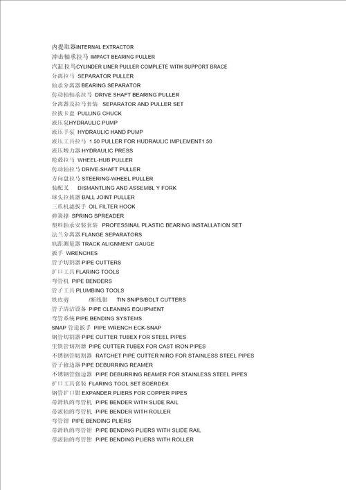 五金工具产品中英文对照要点