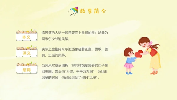 黄色插画手绘追风筝的人读书分享会读书爱好者PPT
