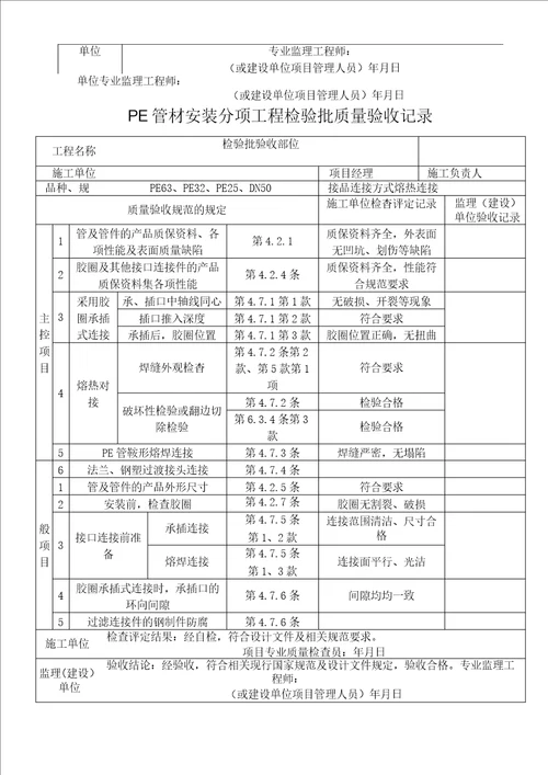 PE管及双壁波纹管施工分部分项检验批质量验收表格