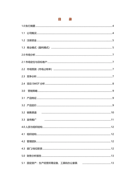 大学生商业创业计划书框架模板