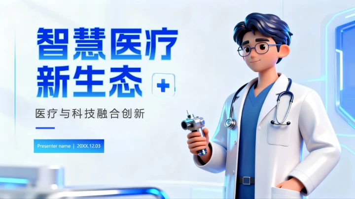 蓝色简约卡通科技风医疗行业PPT模板