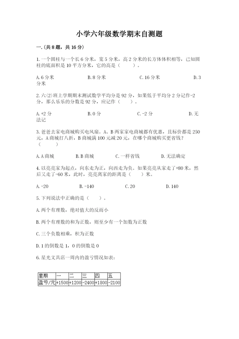 小学六年级数学期末自测题精品【能力提升】.docx