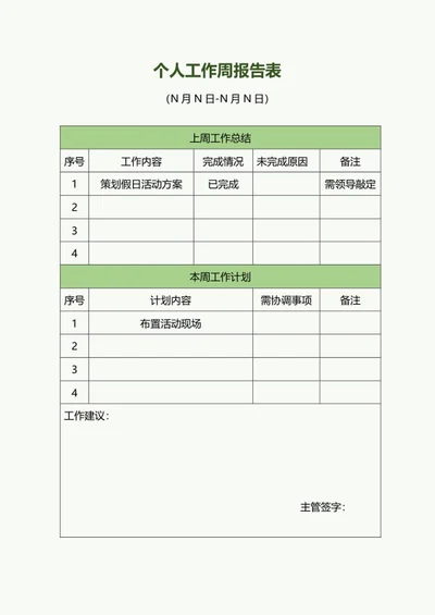 绿色个人工作周报报告表word模板