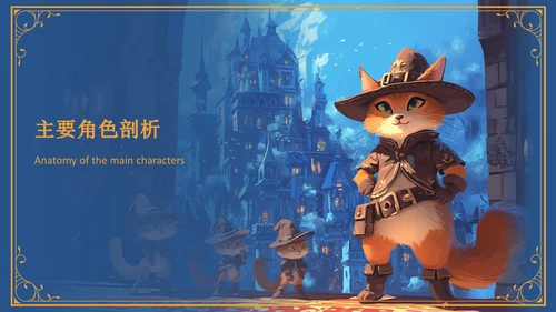 蓝色插画风《穿靴子的猫》童话故事PPT模板