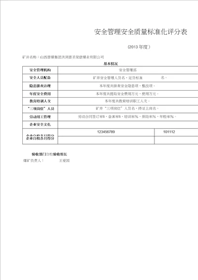 安全管理安全质量标准化评分表