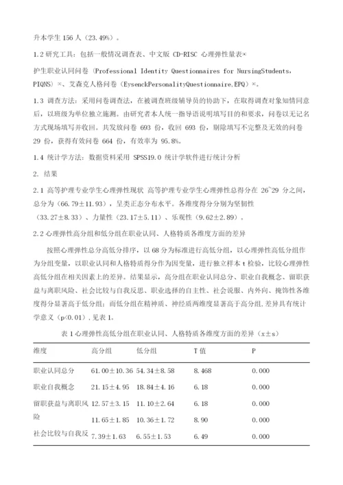 高等护理专业学生心理弹性与职业认同及人格特征的相关性.docx