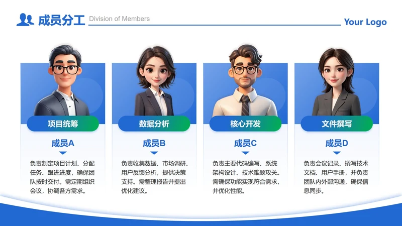 成员分工-蓝绿色商务风4项卡片成员分工PPT单页