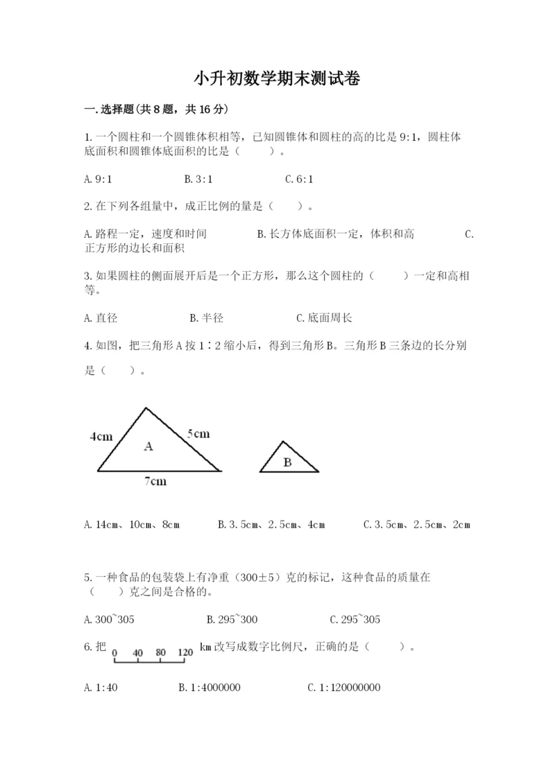 小升初数学期末测试卷【学生专用】.docx