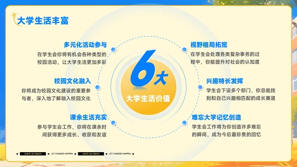 蓝黄色插画风学生会招新PPT模板