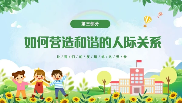 绿色清新卡通儿童中小学营造和谐人际交往主题班会PPT