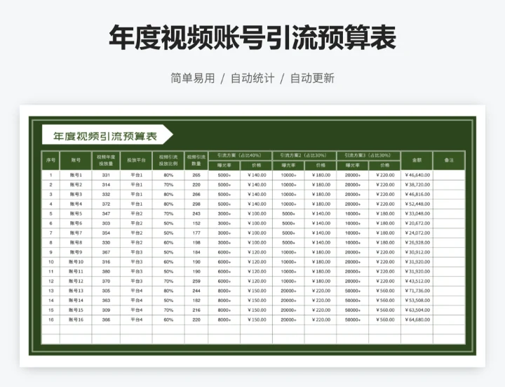 年度视频账号引流预算表