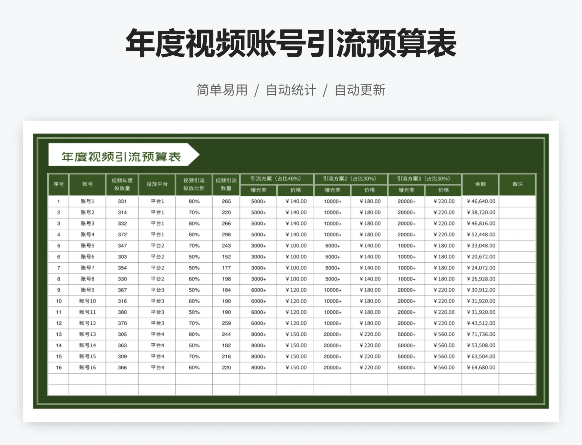 年度视频账号引流预算表