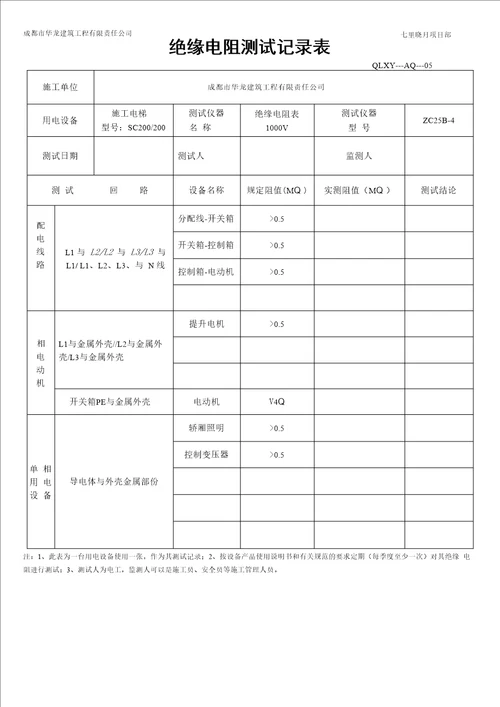 绝缘电阻测试记录表施工电梯