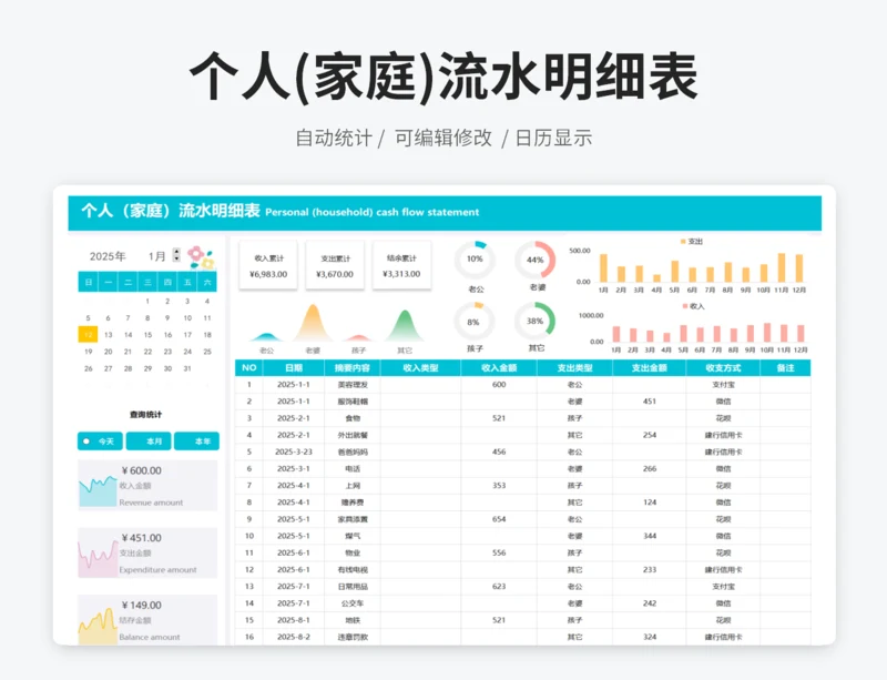 个人(家庭)流水明细表