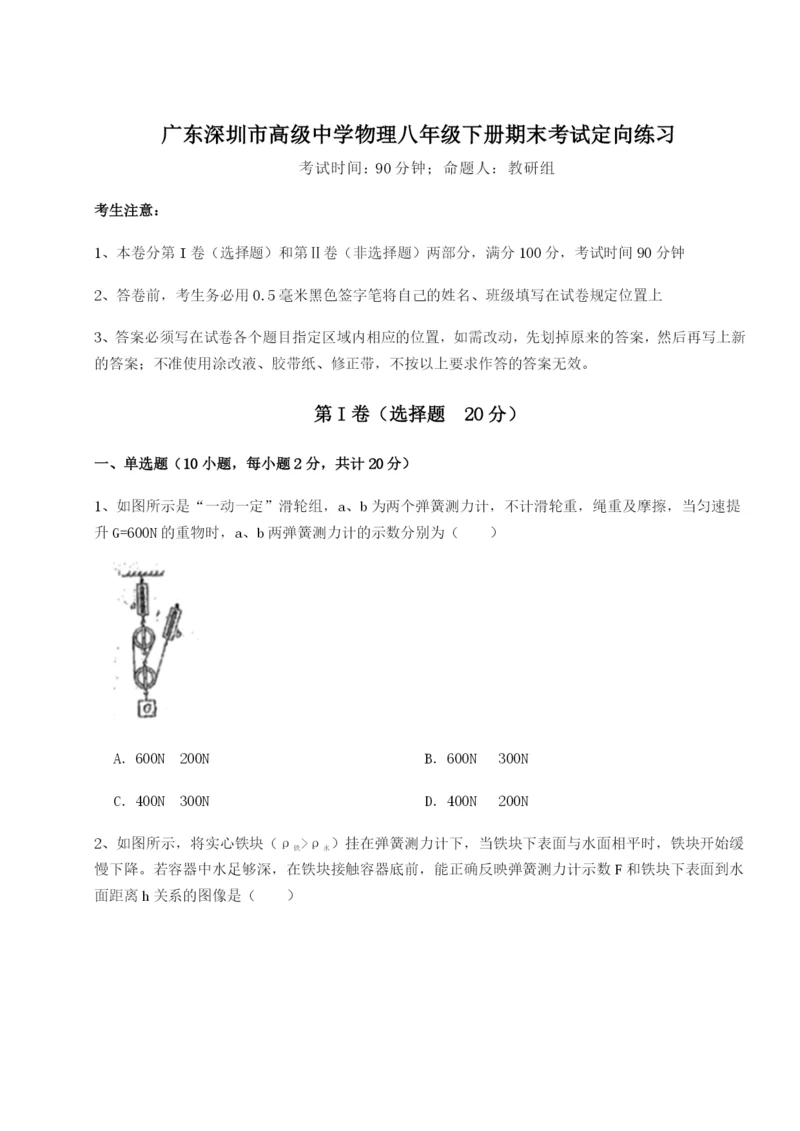 广东深圳市高级中学物理八年级下册期末考试定向练习试题（详解版）.docx