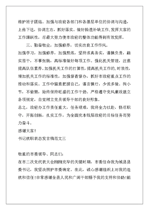 书记就职表态发言稿范文