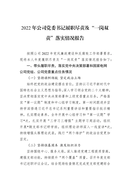 【国资国企】2022年公司党委书记履职尽责及“一岗双责”落实情况报告.docx