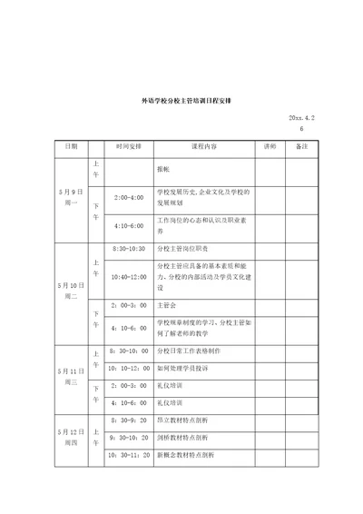 外语学校分校主管培训日程安排