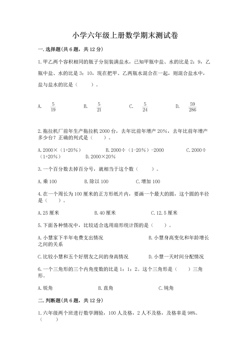 小学六年级上册数学期末测试卷带答案（精练）.docx
