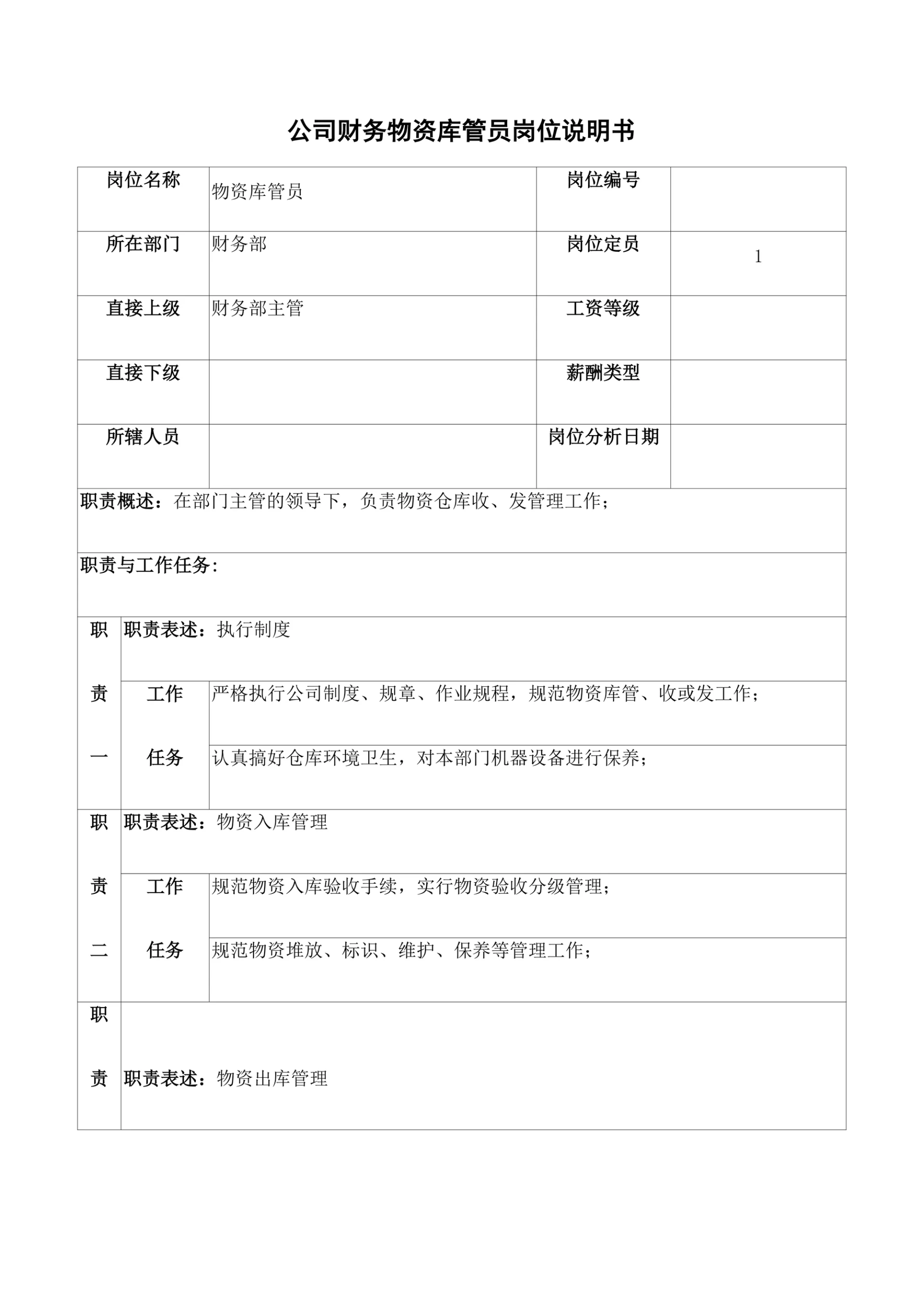 公司财务物资库管员岗位说明书
